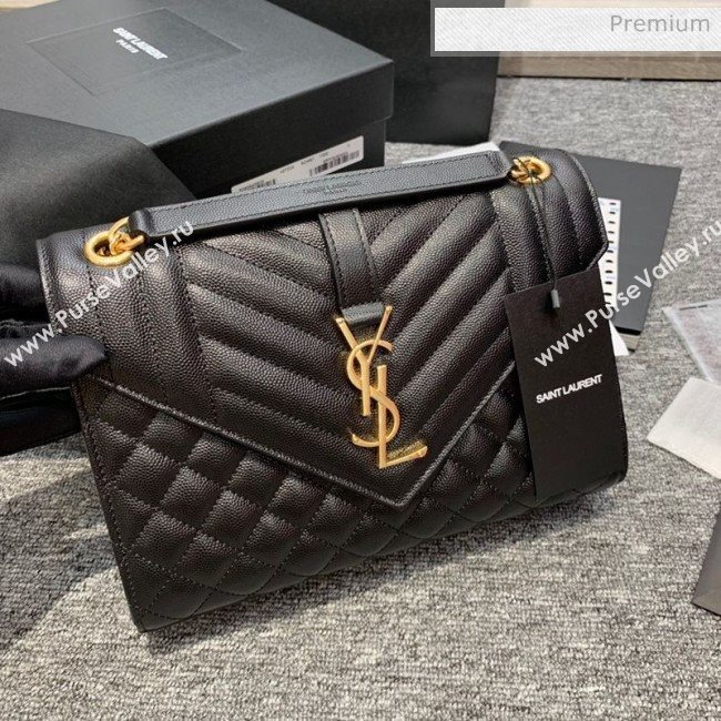 Saint Laurent Envelope Medium Bag in Grained Leather 487206 Black/Gold (JD-0022220)