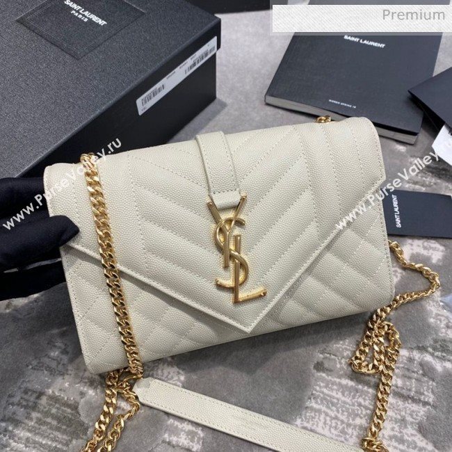 Saint Laurent Envelope Small Chain Bag in Grained Leather 526286 White/Gold  (JD-0022216)