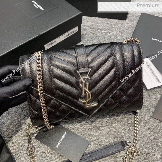 Saint Laurent Envelope Small Chain Bag in Grained Leather 526286 Black/Silver (JD-0022219)