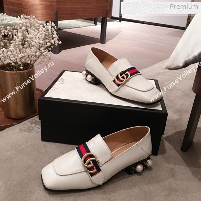 Gucci Leather GG Buckle Pearl Low-heel Loafers 423559 White 2020 (KL-0022515)