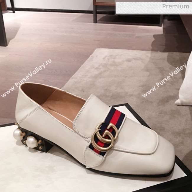 Gucci Leather GG Buckle Pearl Low-heel Loafers 423559 White 2020 (KL-0022515)