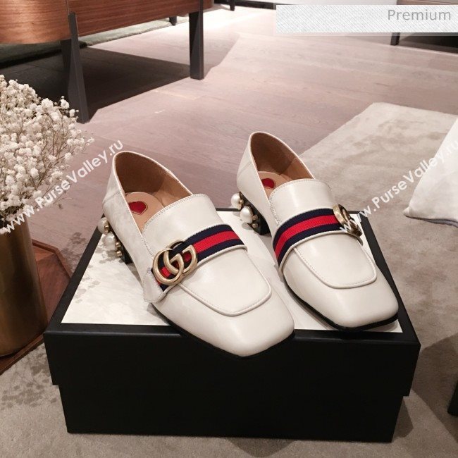Gucci Leather GG Buckle Pearl Low-heel Loafers 423559 White 2020 (KL-0022515)