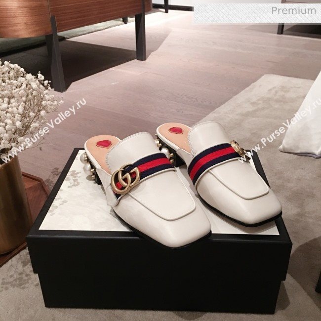 Gucci Leather GG Buckle Pearl Slippers Mules 423694 White 2020 (KL-0022519)