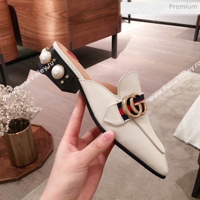 Gucci Leather GG Buckle Pearl Slippers Mules 423694 White 2020 (KL-0022519)