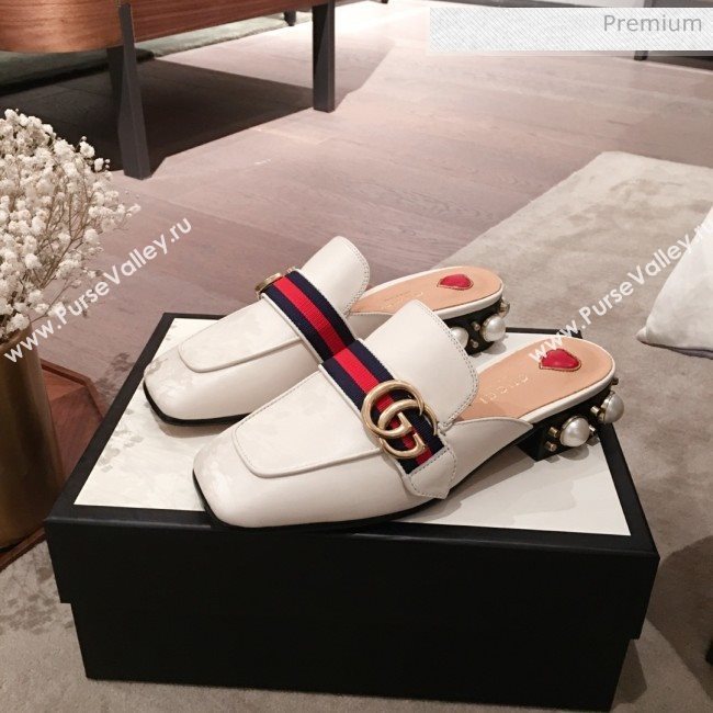 Gucci Leather GG Buckle Pearl Slippers Mules 423694 White 2020 (KL-0022519)