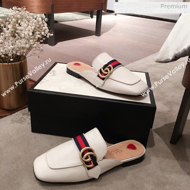 Gucci Leather GG Buckle Flat Slippers Mules 423694 White 2020 (KL-0022521)