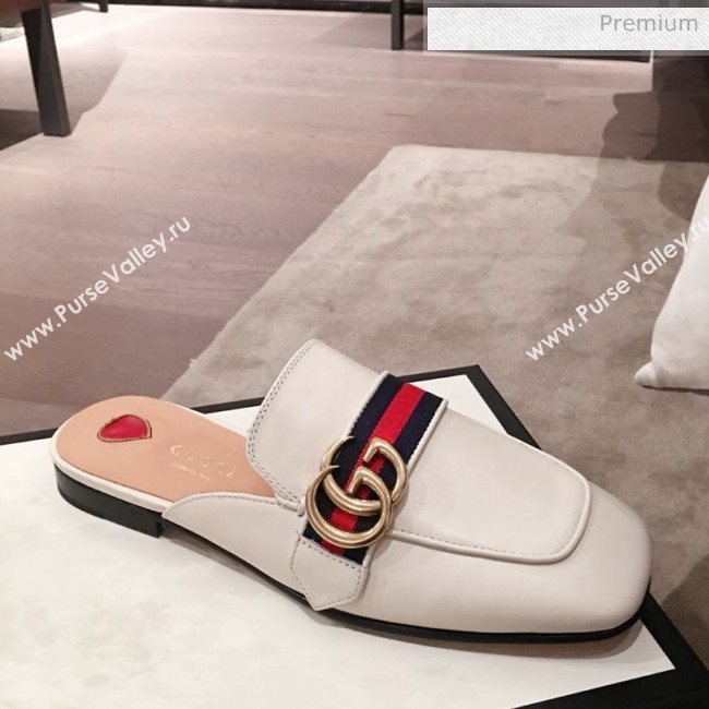 Gucci Leather GG Buckle Flat Slippers Mules 423694 White 2020 (KL-0022521)