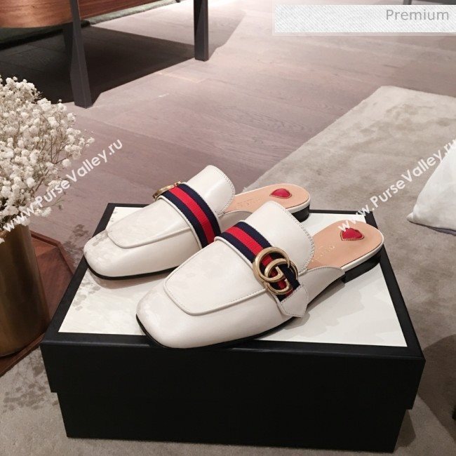 Gucci Leather GG Buckle Flat Slippers Mules 423694 White 2020 (KL-0022521)