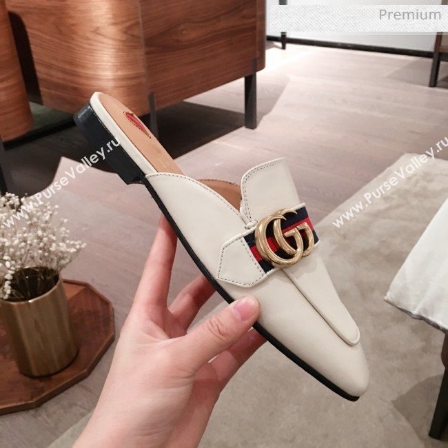 Gucci Leather GG Buckle Flat Slippers Mules 423694 White 2020 (KL-0022521)