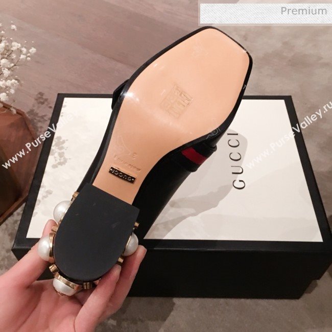 Gucci Leather GG Buckle Pearl Mid-heel Loafers Pumps 423559 Black 2020 (KL-0022518)