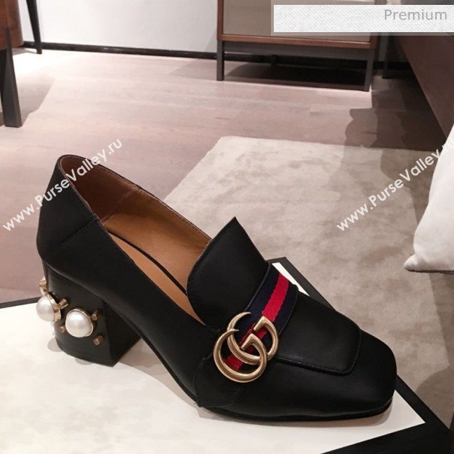 Gucci Leather GG Buckle Pearl Mid-heel Loafers Pumps 423559 Black 2020 (KL-0022518)