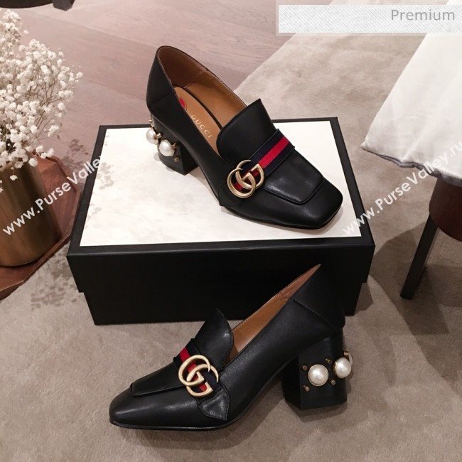 Gucci Leather GG Buckle Pearl Mid-heel Loafers Pumps 423559 Black 2020 (KL-0022518)