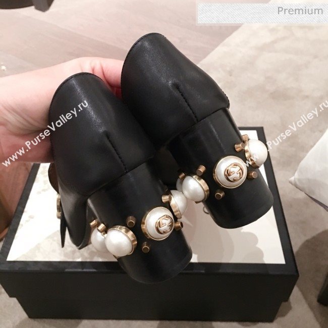 Gucci Leather GG Buckle Pearl Mid-heel Loafers Pumps 423559 Black 2020 (KL-0022518)