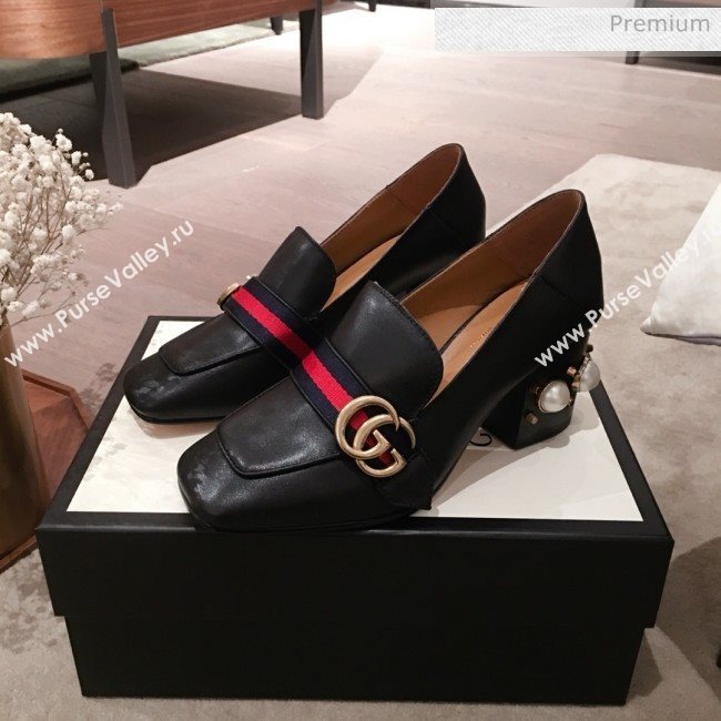 Gucci Leather GG Buckle Pearl Mid-heel Loafers Pumps 423559 Black 2020 (KL-0022518)