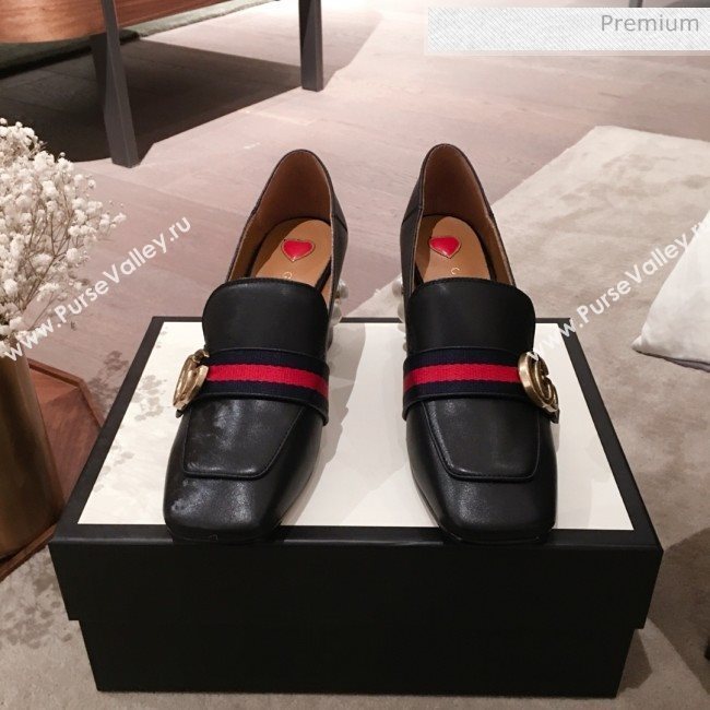 Gucci Leather GG Buckle Pearl Mid-heel Loafers Pumps 423559 Black 2020 (KL-0022518)