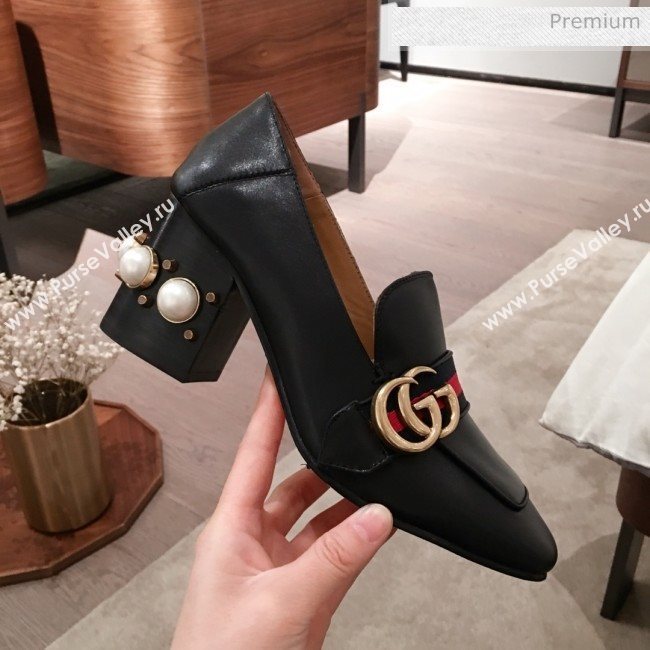 Gucci Leather GG Buckle Pearl Mid-heel Loafers Pumps 423559 Black 2020 (KL-0022518)