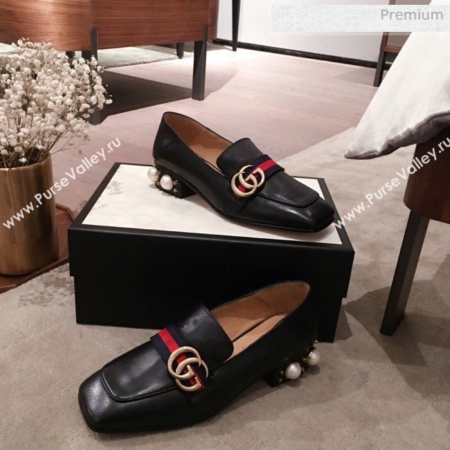 Gucci Leather GG Buckle Pearl Low-heel Loafers 423559 Black 2020 (KL-0022516)