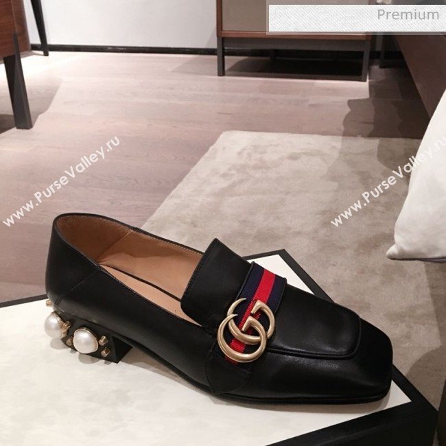 Gucci Leather GG Buckle Pearl Low-heel Loafers 423559 Black 2020 (KL-0022516)