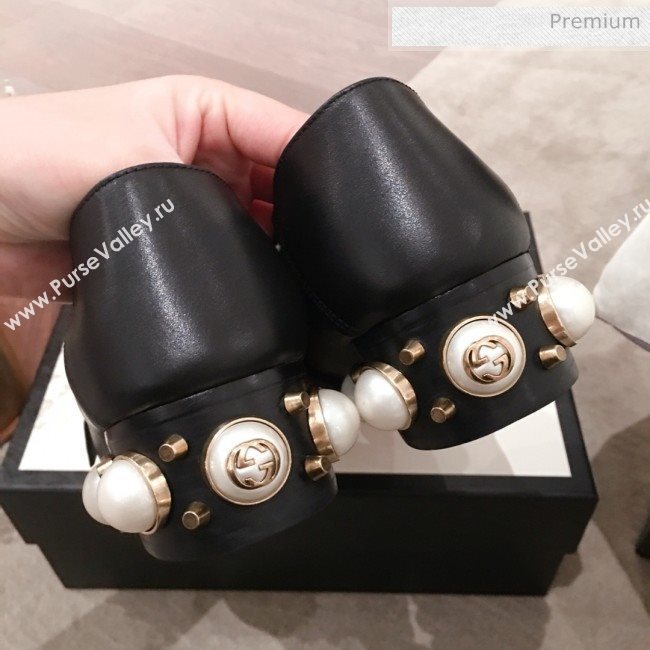 Gucci Leather GG Buckle Pearl Low-heel Loafers 423559 Black 2020 (KL-0022516)