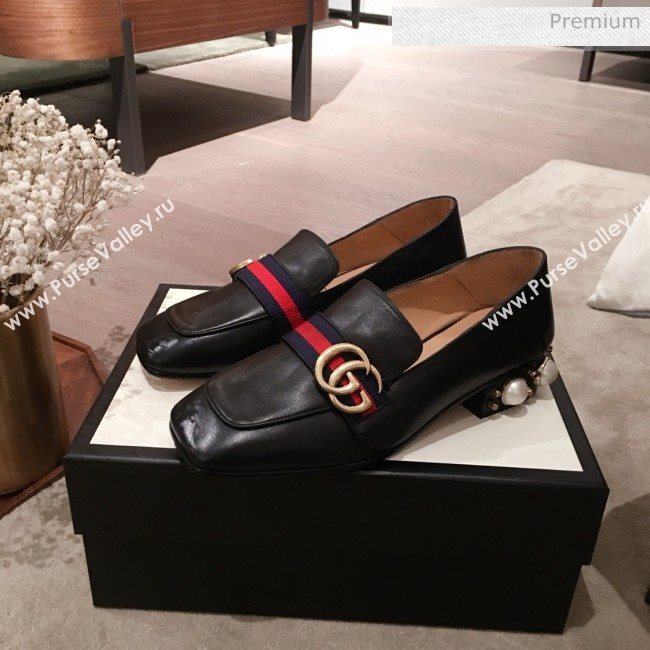 Gucci Leather GG Buckle Pearl Low-heel Loafers 423559 Black 2020 (KL-0022516)