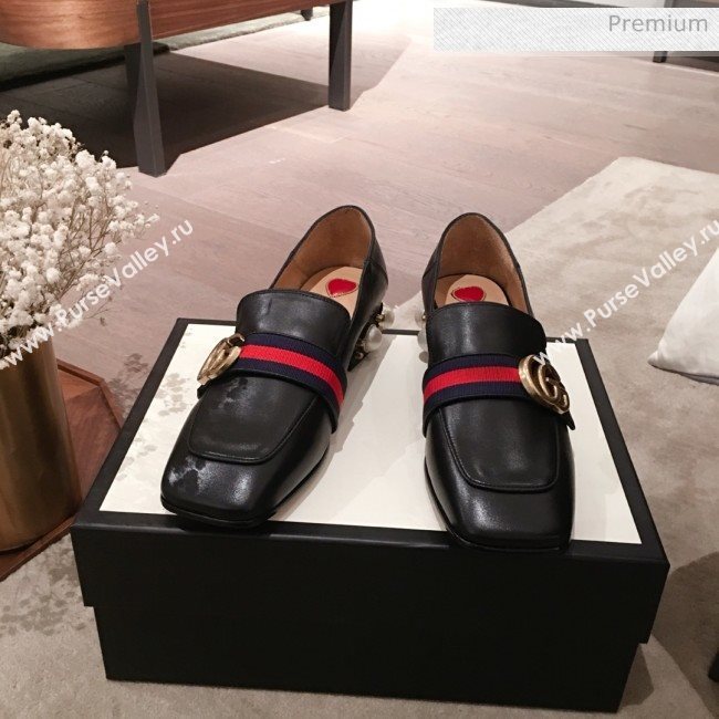 Gucci Leather GG Buckle Pearl Low-heel Loafers 423559 Black 2020 (KL-0022516)