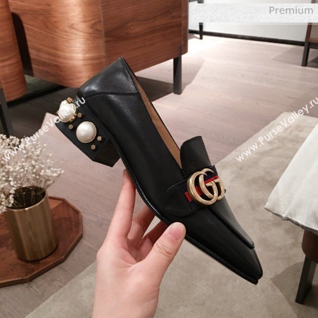 Gucci Leather GG Buckle Pearl Low-heel Loafers 423559 Black 2020 (KL-0022516)