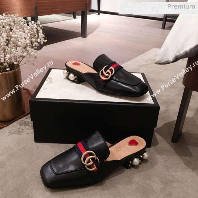 Gucci Leather GG Buckle Pearl Slippers Mules 423694 Black 2020 (KL-0022520)