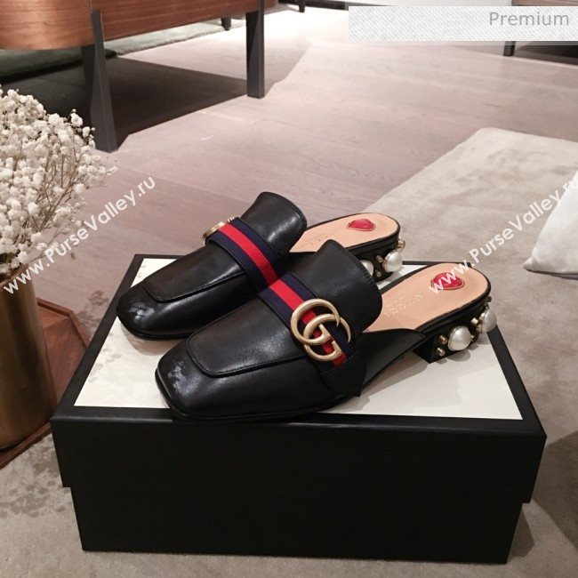 Gucci Leather GG Buckle Pearl Slippers Mules 423694 Black 2020 (KL-0022520)