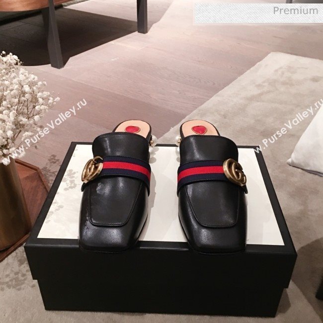 Gucci Leather GG Buckle Pearl Slippers Mules 423694 Black 2020 (KL-0022520)