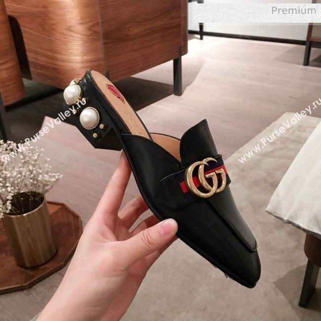 Gucci Leather GG Buckle Pearl Slippers Mules 423694 Black 2020 (KL-0022520)