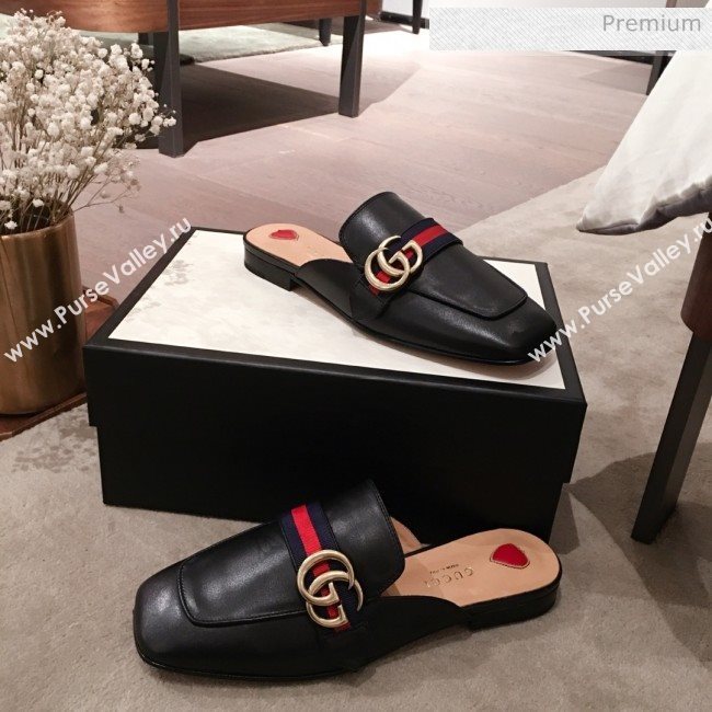 Gucci Leather GG Buckle Flat Slippers Mules 423694 Black 2020 (KL-0022522)