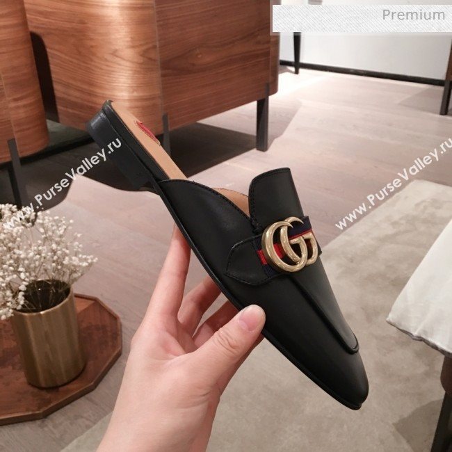 Gucci Leather GG Buckle Flat Slippers Mules 423694 Black 2020 (KL-0022522)