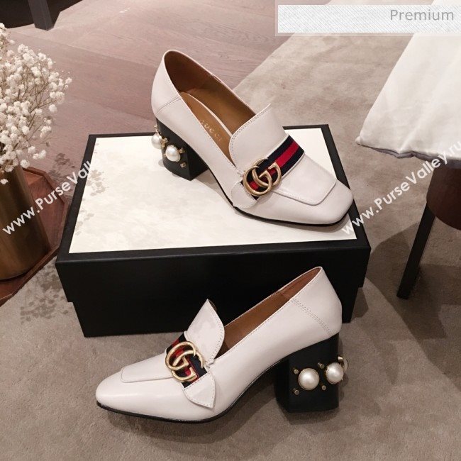 Gucci Leather GG Buckle Pearl Mid-heel Loafers Pumps 423559 White 2020 (KL-0022517)