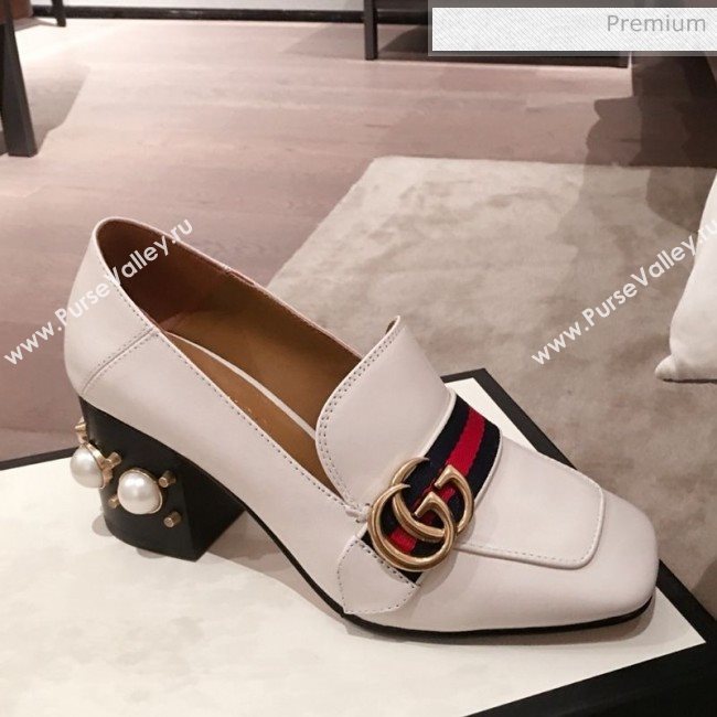 Gucci Leather GG Buckle Pearl Mid-heel Loafers Pumps 423559 White 2020 (KL-0022517)