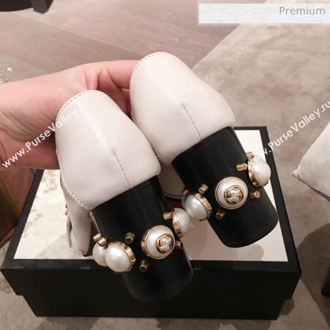 Gucci Leather GG Buckle Pearl Mid-heel Loafers Pumps 423559 White 2020 (KL-0022517)