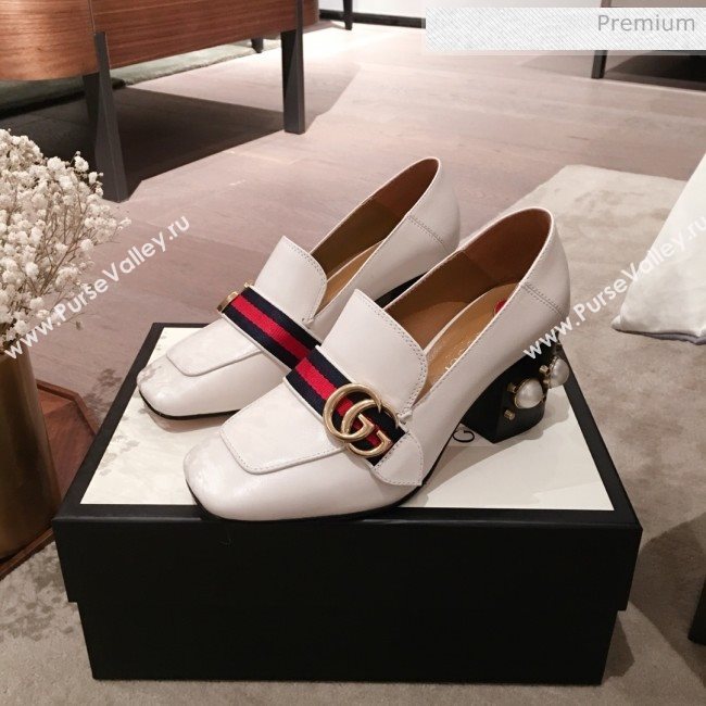 Gucci Leather GG Buckle Pearl Mid-heel Loafers Pumps 423559 White 2020 (KL-0022517)