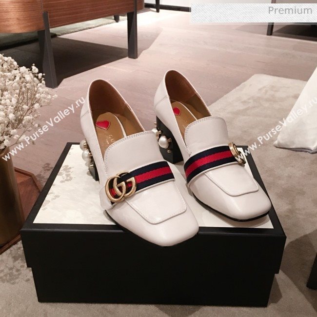 Gucci Leather GG Buckle Pearl Mid-heel Loafers Pumps 423559 White 2020 (KL-0022517)