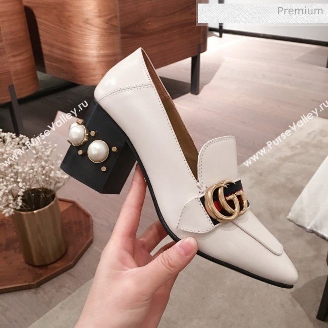 Gucci Leather GG Buckle Pearl Mid-heel Loafers Pumps 423559 White 2020 (KL-0022517)