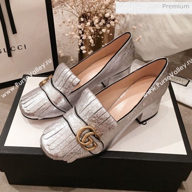 Gucci Metallic Leather GG Fringe Pumps 408208 Silver 2019 (KL-0022526)