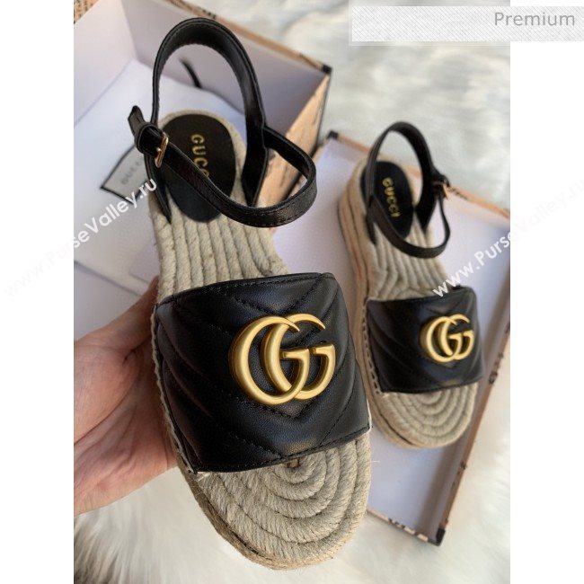 Gucci Chevron Leather Platform Espadrille Sandals with Double G Black 2020 (MD-0030311)