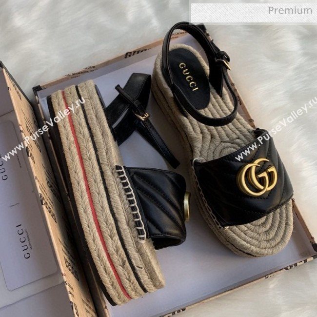Gucci Chevron Leather Platform Espadrille Sandals with Double G Black 2020 (MD-0030311)