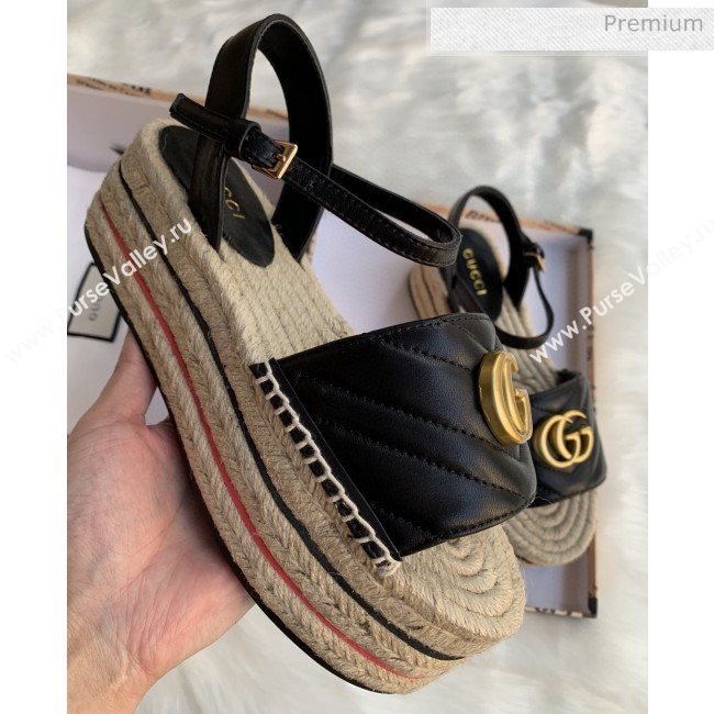 Gucci Chevron Leather Platform Espadrille Sandals with Double G Black 2020 (MD-0030311)