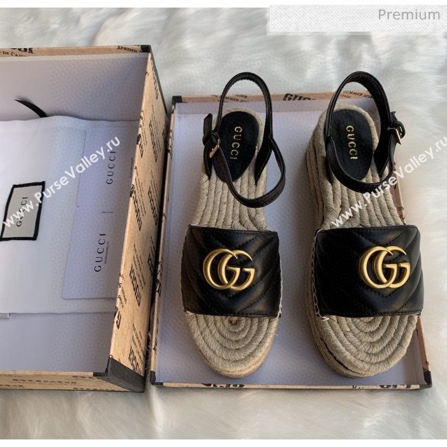 Gucci Chevron Leather Platform Espadrille Sandals with Double G Black 2020 (MD-0030311)