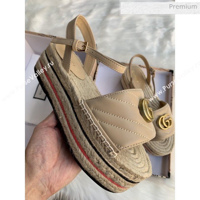 Gucci Chevron Leather Platform Espadrille Sandals with Double G Nude 2020 (MD-0030309)