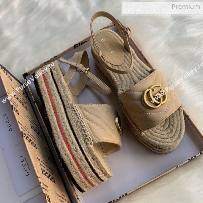 Gucci Chevron Leather Platform Espadrille Sandals with Double G Nude 2020 (MD-0030309)