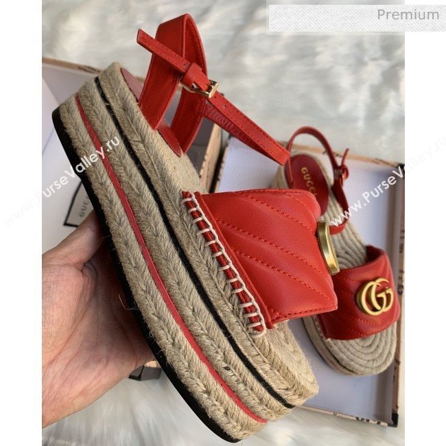 Gucci Chevron Leather Platform Espadrille Sandals with Double G Red 2020 (MD-0030312)