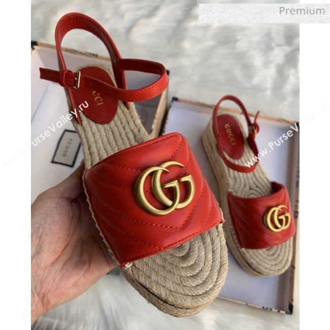 Gucci Chevron Leather Platform Espadrille Sandals with Double G Red 2020 (MD-0030312)