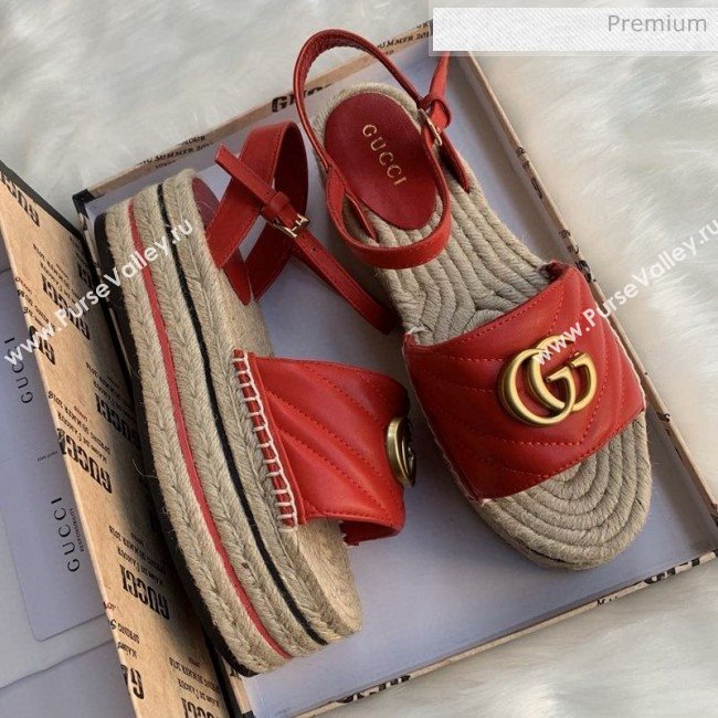 Gucci Chevron Leather Platform Espadrille Sandals with Double G Red 2020 (MD-0030312)