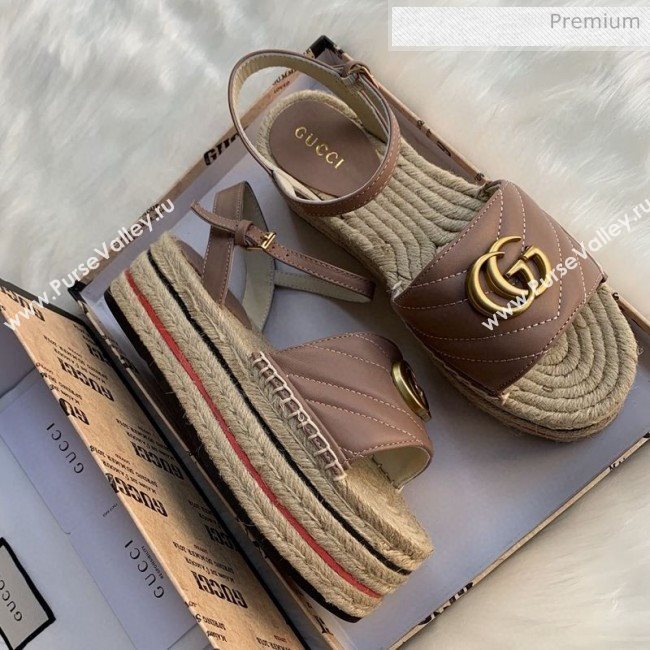 Gucci Chevron Leather Platform Espadrille Sandals with Double G Pink 2020 (MD-0030308)