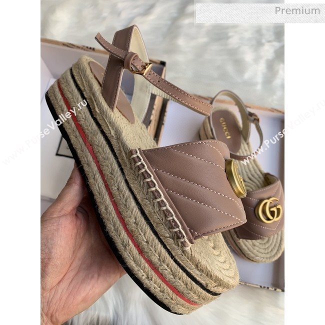 Gucci Chevron Leather Platform Espadrille Sandals with Double G Pink 2020 (MD-0030308)